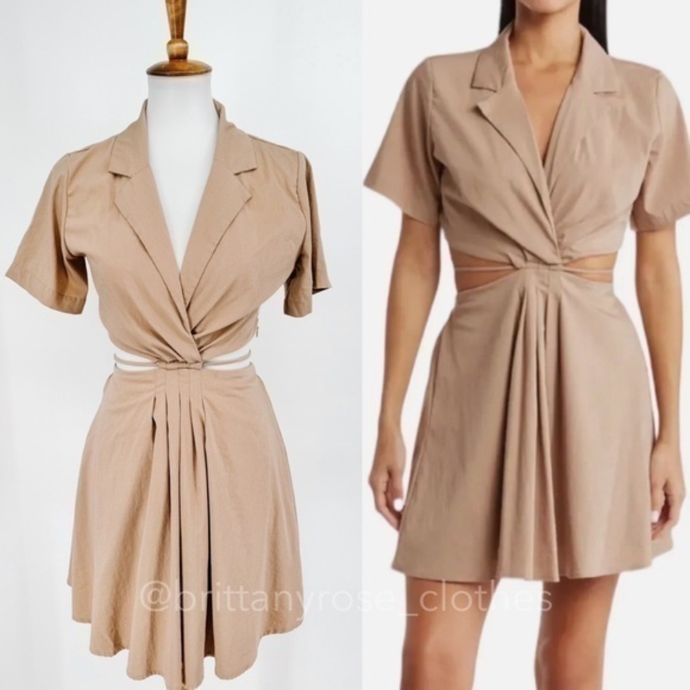 EN SAISON Beverly Tan Khaki Mini Shirt Dress with Cutouts